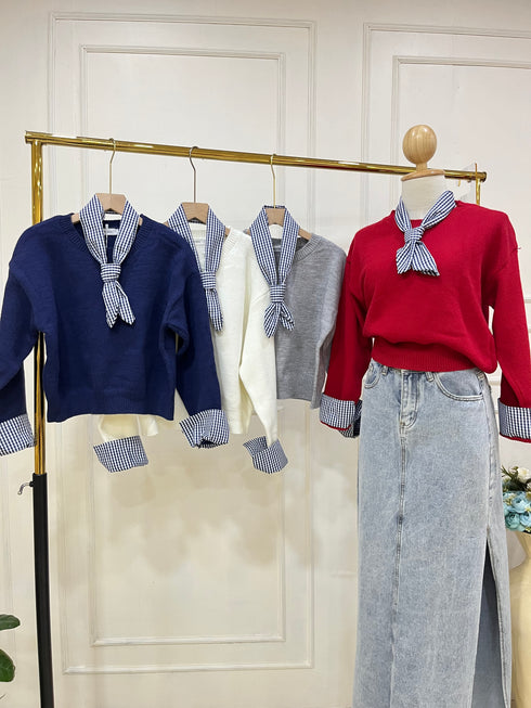 Solid Color Round Neck Sweater With Gingham Scarf